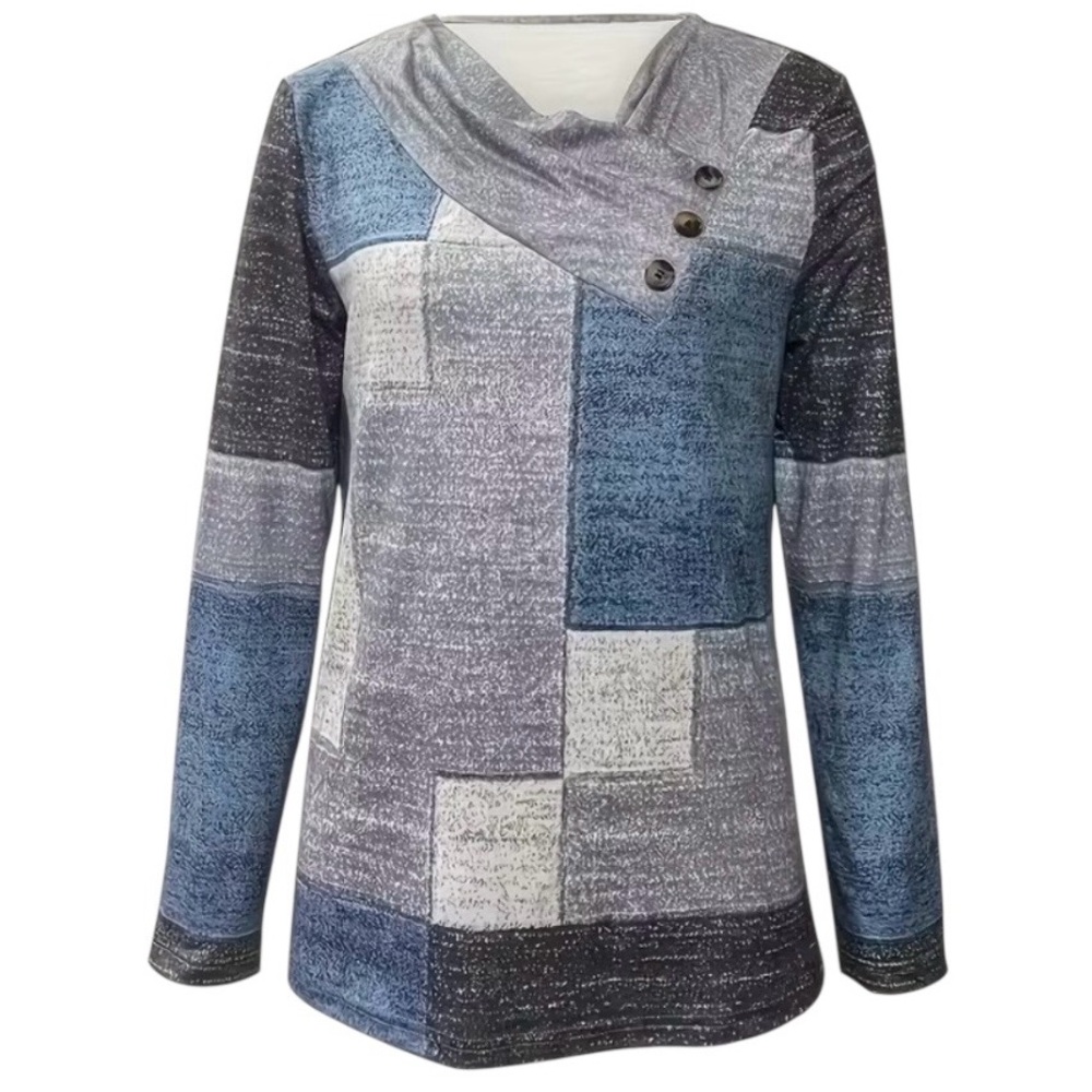 Patchwork Cowl Neck Thin Sweater with Button Trim… - image 2